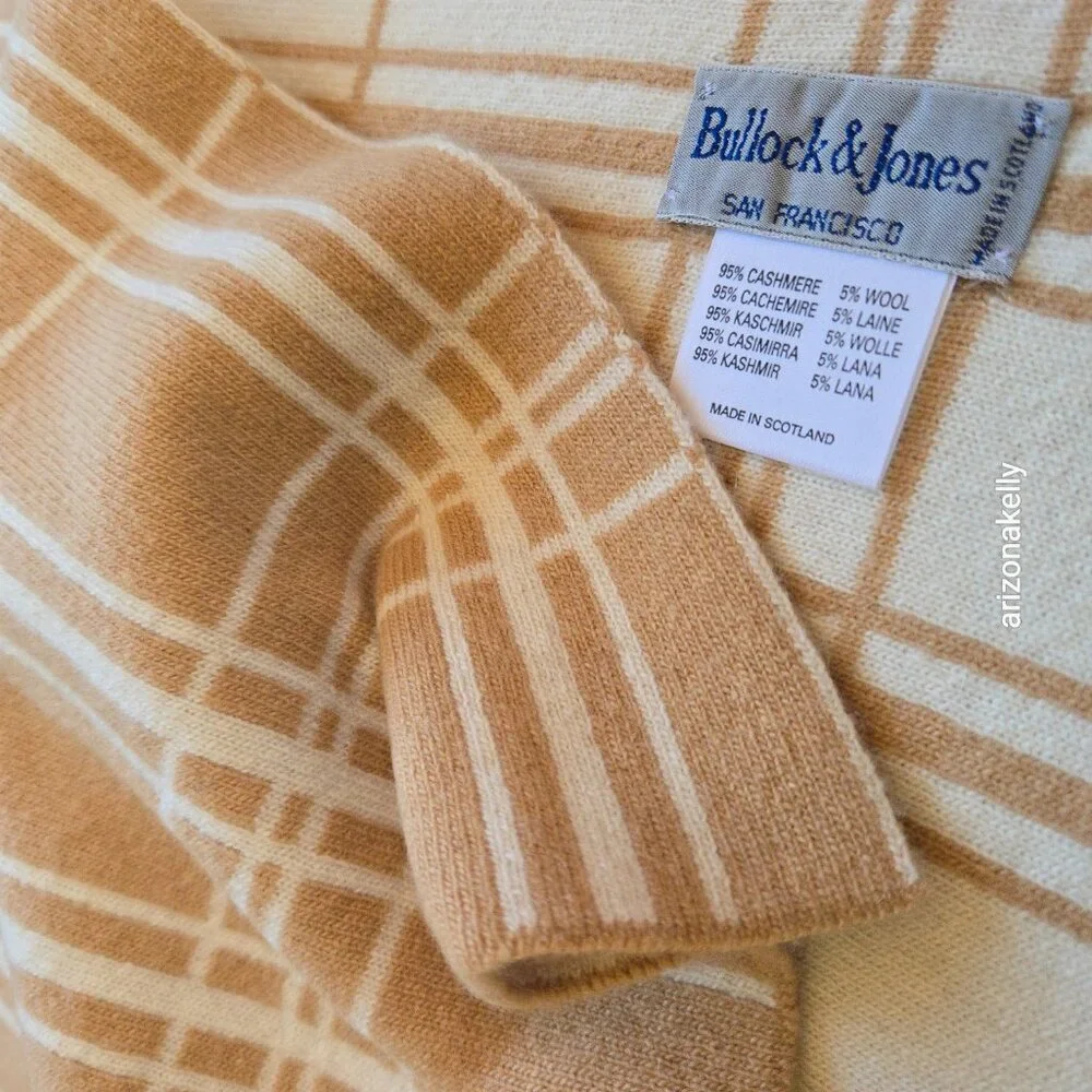 NWOT Knit Cashmere Scarf Bullock & Jones Luxury Tan & Creme Plaid Scotland
